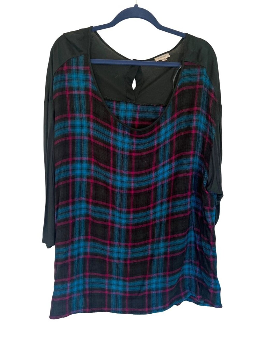 Plaid Tunic Top Avenue 26/28 Blue Green Knit Flannel Keyhole Back Lightweight